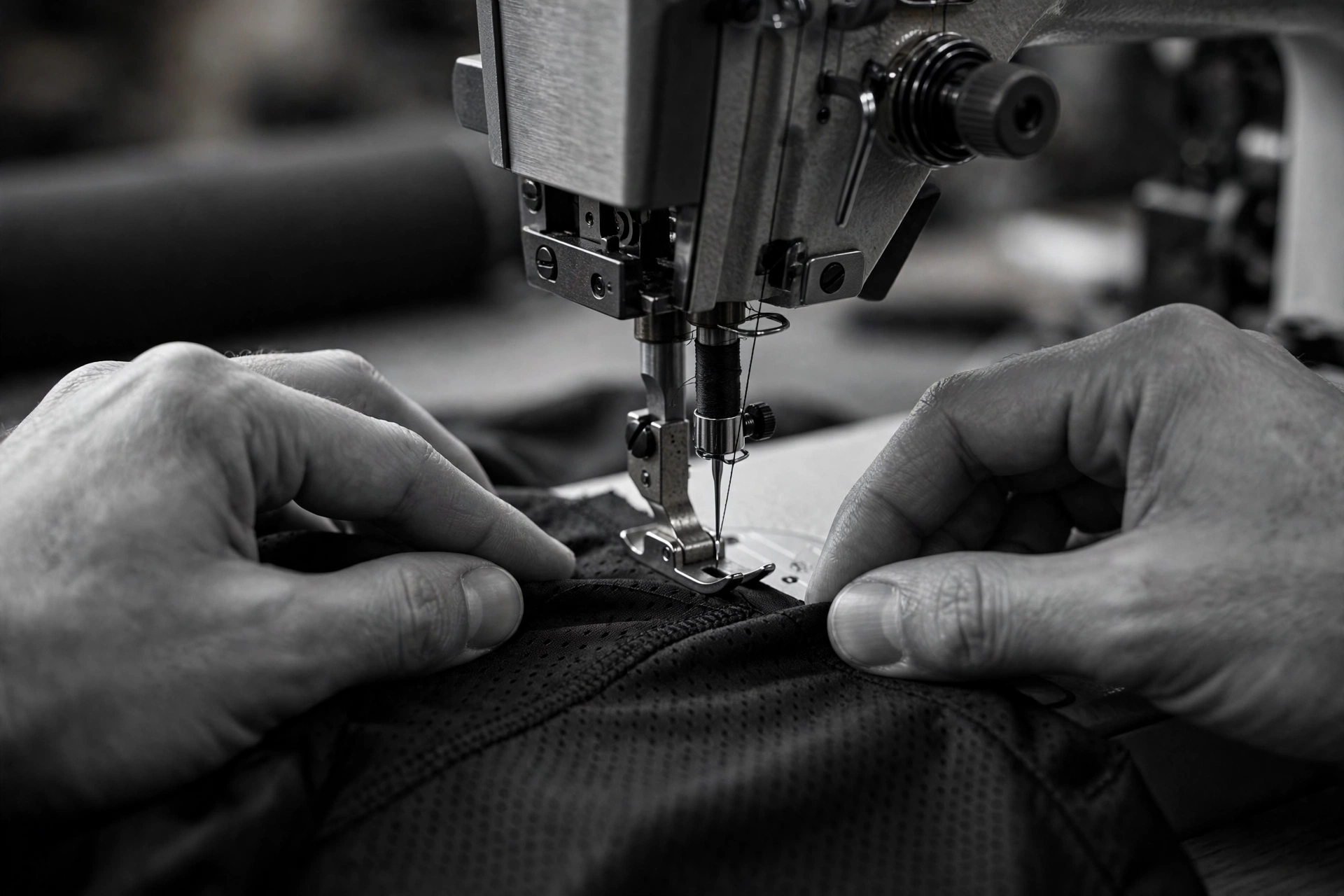 Close-up of hands sewing a jersey on an industrial machine